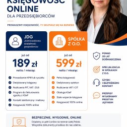 TAX SPÓŁKA Z OGRANICZONĄ ODPOWIEDZIALNOŚCIĄ - Grafika reklamowa biura rachunkowego z wizerunkiem kobiety, prezentująca online księgowość dla JDG i spółek, z cennikiem usług, zakresem wsparcia i danymi kontaktowymi.