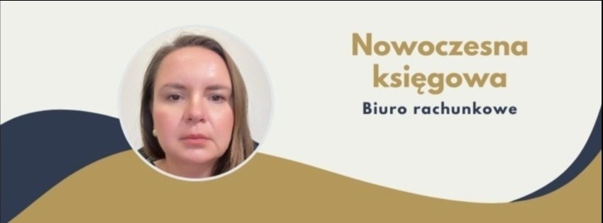 Portret kobiety w okręgu, obok napis 'Nowoczesna księgowa. Biuro rachunkowe' na kremowym tle z elementami graficznymi w kolorze granatowym i złotym.
