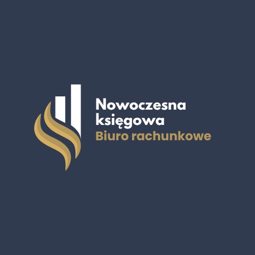 Logo 'Nowoczesna księgowa Biuro rachunkowe' na granatowym tle. Grafika z białymi słupkami i złotymi falami. Minimalistyczny design.