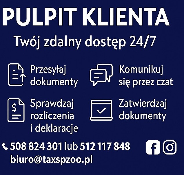 Pulpit Klienta: zdalny dostęp 24/7. Przesyłanie i zatwierdzanie dokumentów, sprawdzanie rozliczeń, komunikacja przez czat. Dane kontaktowe i ikony mediów społecznościowych.
