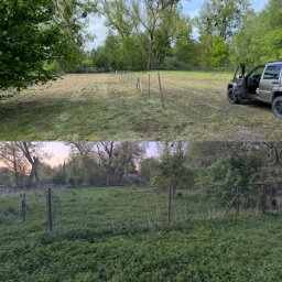 Adrian Purul - Zdjęcie 'przed i po' koszenia trawy na działce z drewnianym ogrodzeniem. W tle widoczne drzewa i samochód z otwartymi drzwiami.