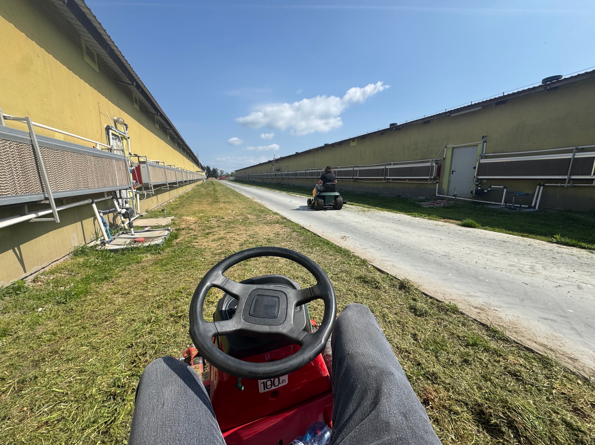 Osoba z perspektywy pierwszej osoby kosi trawę traktorkiem na tle długiego, żółtego budynku w słoneczny dzień. Widoczne nogi operatora i kierownica traktorka.