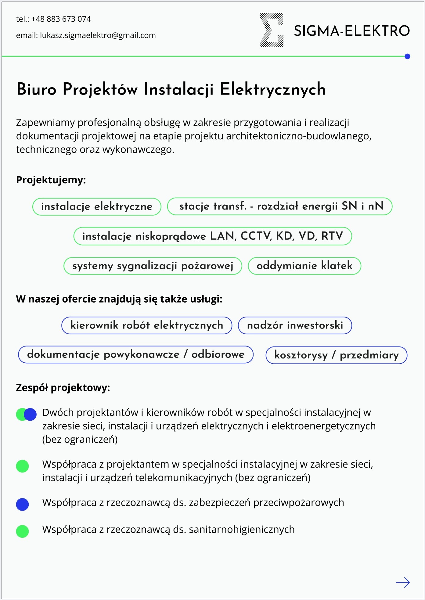 Folder reklamowy biura projektów instalacji elektrycznych Sigma-Elektro z informacjami o ofercie, w tym projektowaniu instalacji elektrycznych, stacji transformatorowych, instalacji niskoprądowych,...