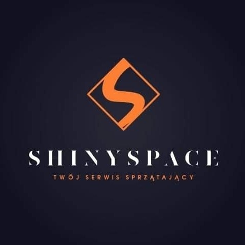 Logo firmy ShinySpace: pomarańczowa litera S w rombie, biały napis ShinySpace i pod spodem Twój serwis sprzątający na ciemnogranatowym tle.