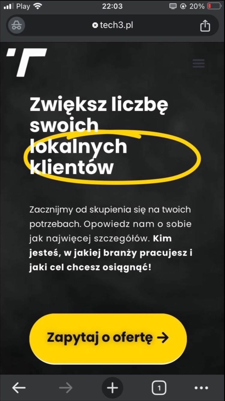 Strona internetowa z tekstem 'Zwiększ liczbę swoich lokalnych klientów' otoczonym żółtym okręgiem i przyciskiem 'Zapytaj o ofertę'.