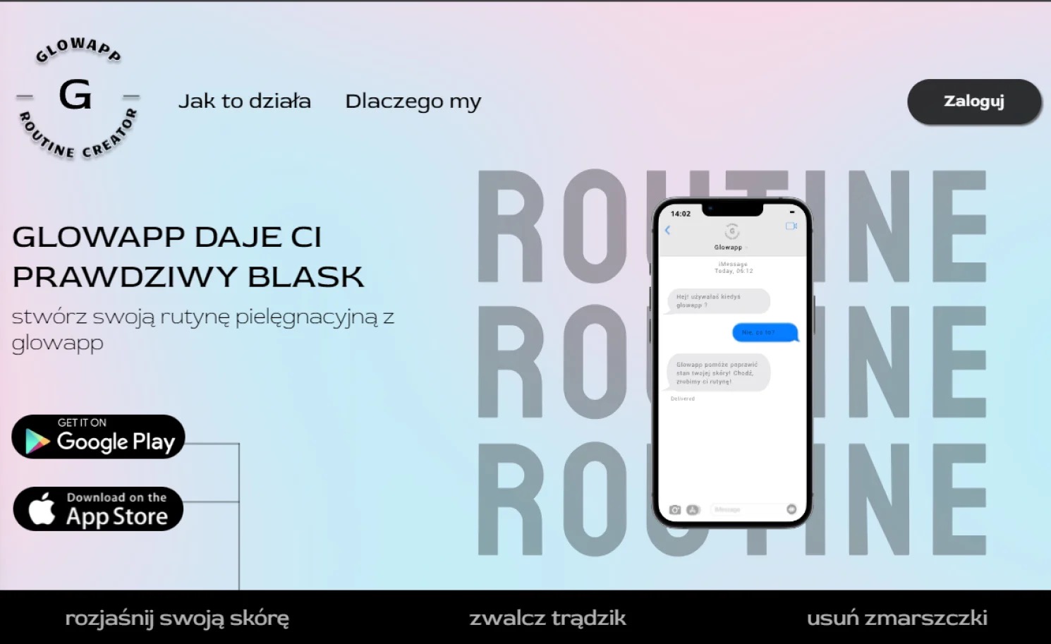 Ekran aplikacji mobilnej Glowapp z interfejsem czatu, prezentujący rozmowę o korzyściach z używania aplikacji do pielęgnacji skóry.