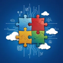 Cztery kolorowe elementy układanki połączone na tle błękitnej grafiki z chmurami i schematycznymi ikonami symbolizującymi procesy cyfrowe i analizę danych.