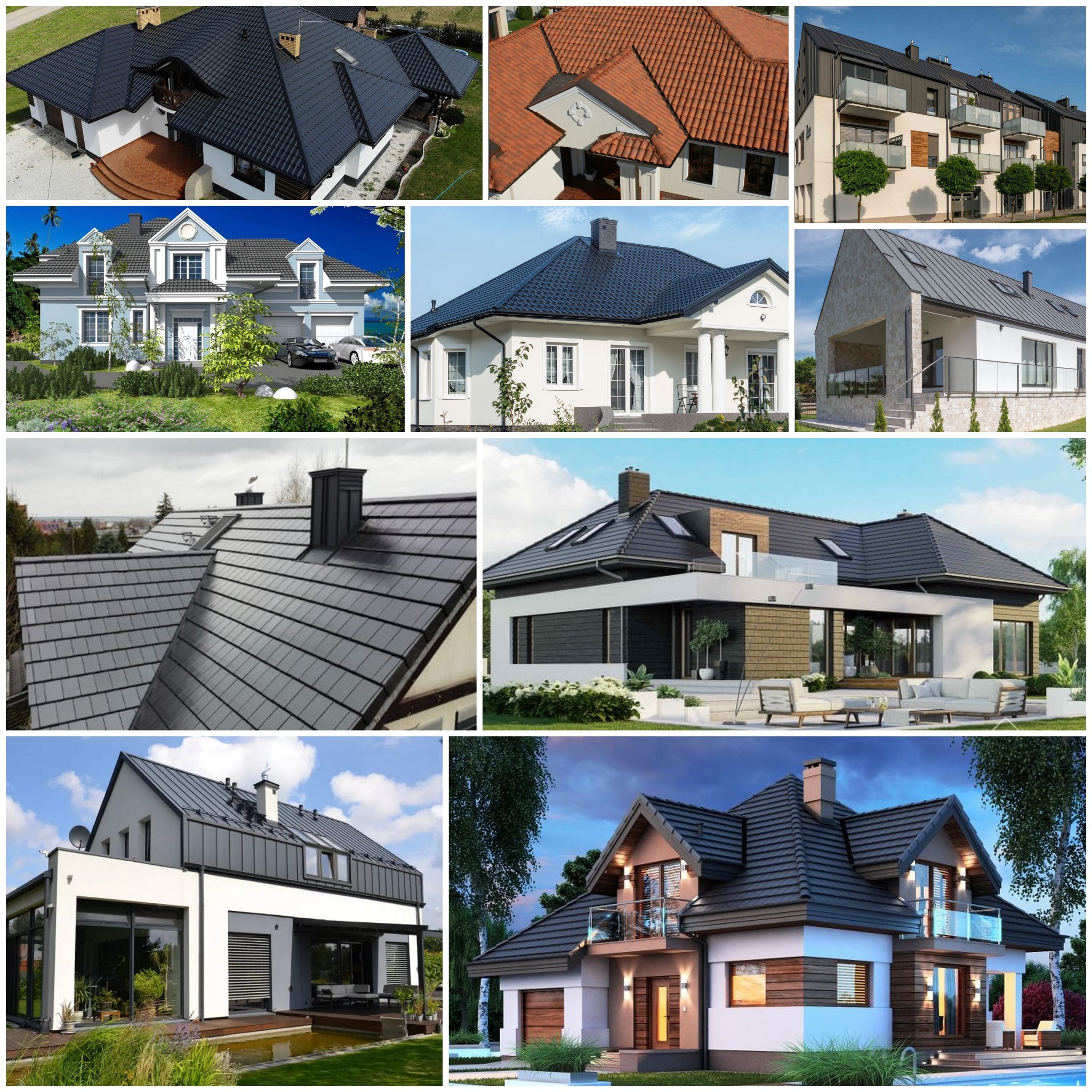 Kompozycja różnych domów z różnymi rodzajami pokryć dachowych, w tym dachówka ceramiczna, blacha trapezowa i dachówka bitumiczna, prezentacja różnych stylów architektonicznych.