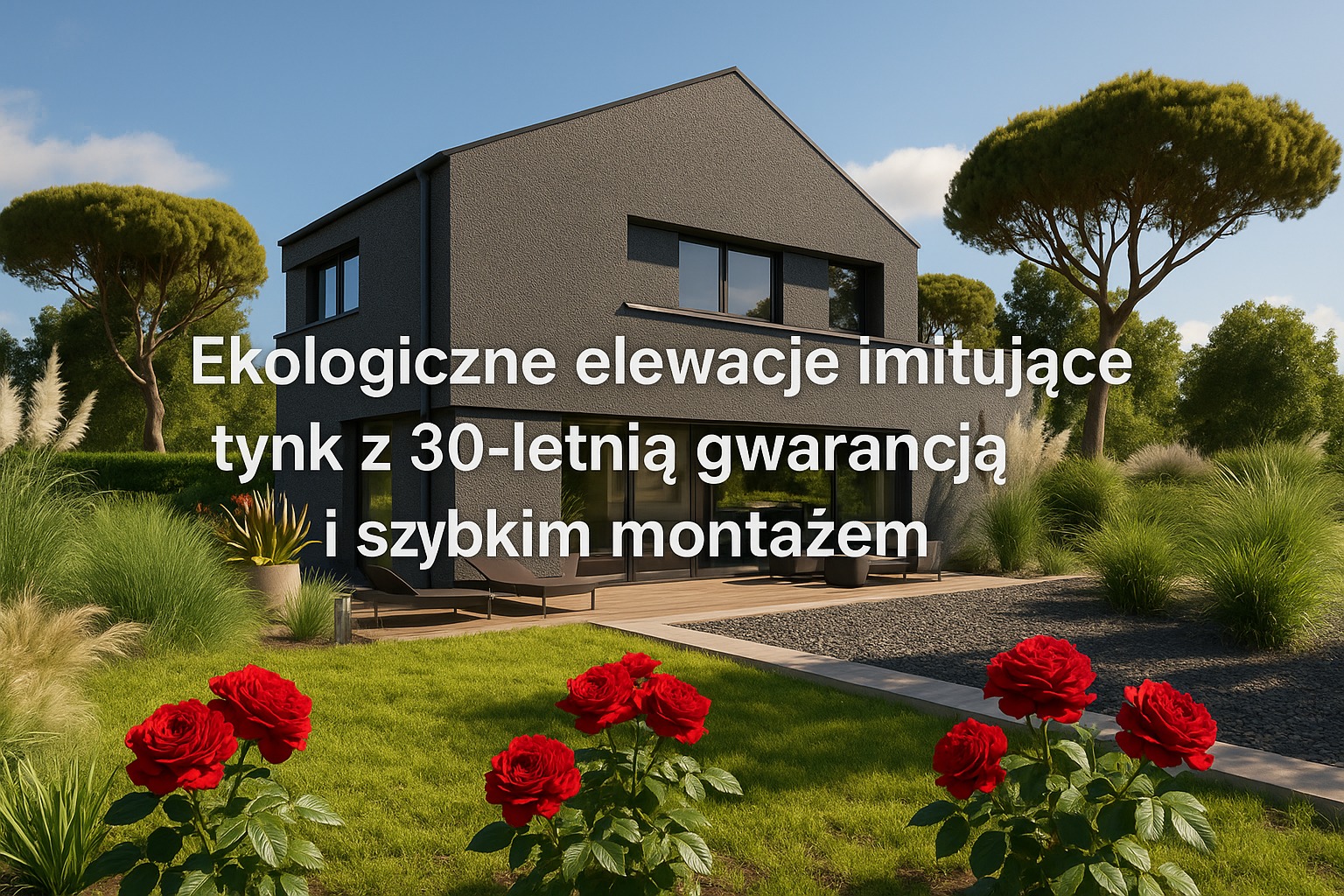 Nowoczesny dom z szarą elewacją imitującą tynk, otoczony zielenią i czerwonymi różami. Widoczne okna i elementy dekoracyjne na tarasie.