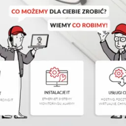 Ilustracja przedstawiająca ofertę usług IT: opieka IT, instalacje IT oraz usługi cloud, z uśmiechniętymi postaciami w czerwonych czapkach i laptopem w tle.