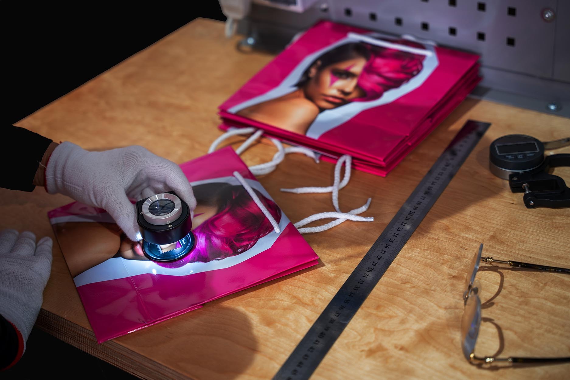 Kontrola jakości nadruku na różowej torbie prezentowej z wizerunkiem modelki, przy użyciu lupy z wbudowanym oświetleniem LED, na drewnianym blacie obok leżą stosy toreb, linijka i okulary.