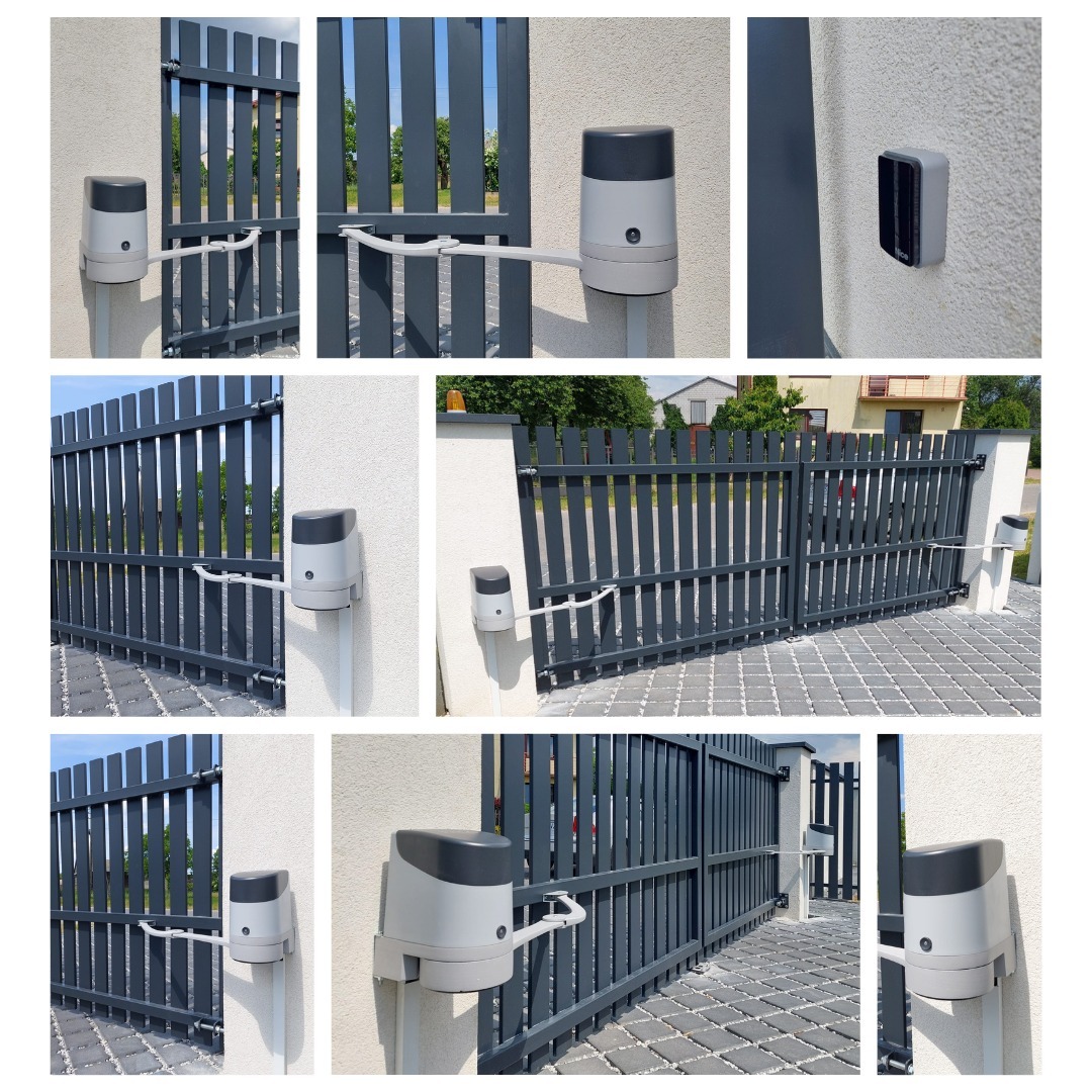 Kolaż zdjęć przedstawiający detale szarej bramy posesyjnej z zamontowanym automatycznym napędem, widoczne siłowniki i fotokomórka, na tle kostki brukowej i zieleni.