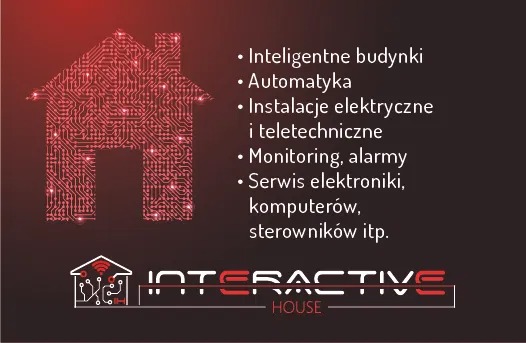 Grafika przedstawiająca logo firmy Interactive House z motywem domu zbudowanego z obwodów elektrycznych oraz listą usług: inteligentne budynki, automatyka, instalacje elektryczne, monitoring...