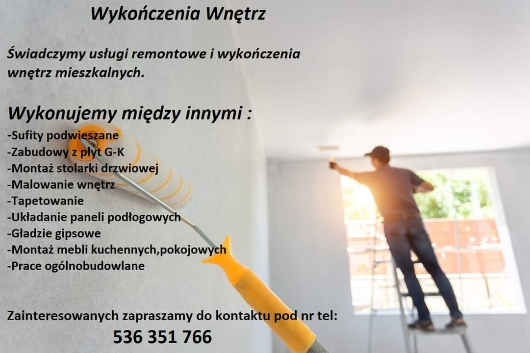 Ulotka reklamowa z listą usług wykończeniowych, w tle malarz na drabinie maluje sufit wałkiem z żółtą rączką.