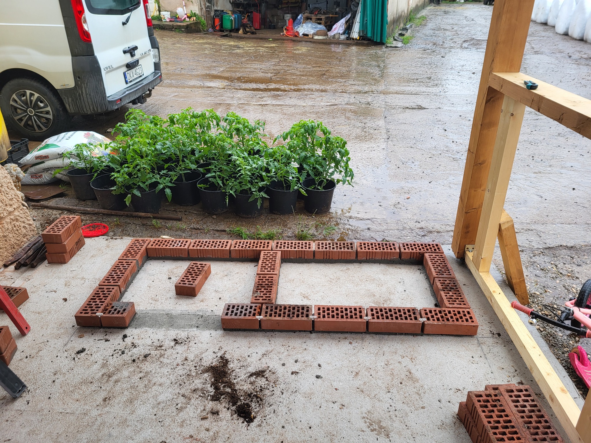 Przygotowanie do budowy rabaty z cegieł klinkierowych na betonowym podłożu, obok sadzonki pomidorów w doniczkach, drewniana konstrukcja i zaparkowany samochód dostawczy.
