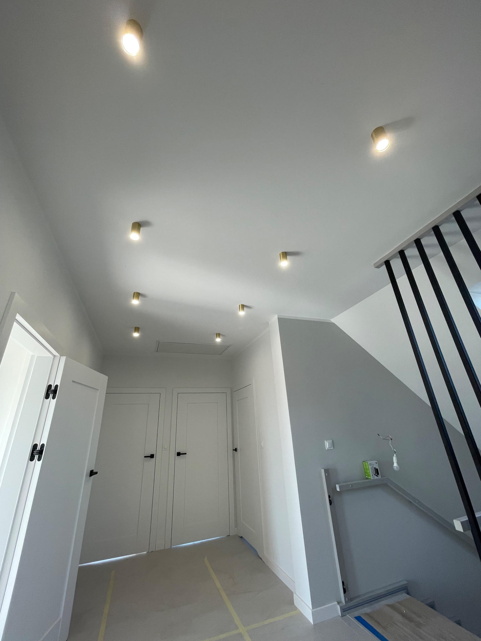 Nowoczesne wnętrze z białymi drzwiami, szarą ścianą ze schodami z czarnymi balustradami i punktowym oświetleniem sufitowym w kolorze złotym.