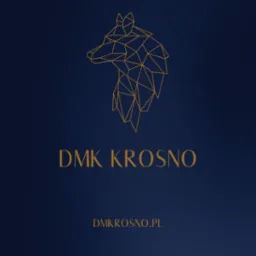 Graficzne logo firmy DMK Krosno przedstawiające głowę wilka w stylu geometrycznym na ciemnoniebieskim tle, z nazwą firmy i adresem strony internetowej w kolorze złotym.