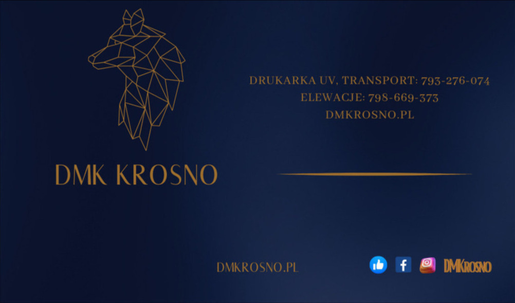 Grafika firmowa DMK Krosno na granatowym tle, z geometrycznym logo wilka, informacjami kontaktowymi (druk UV, elewacje, transport) i ikonami mediów społecznościowych.