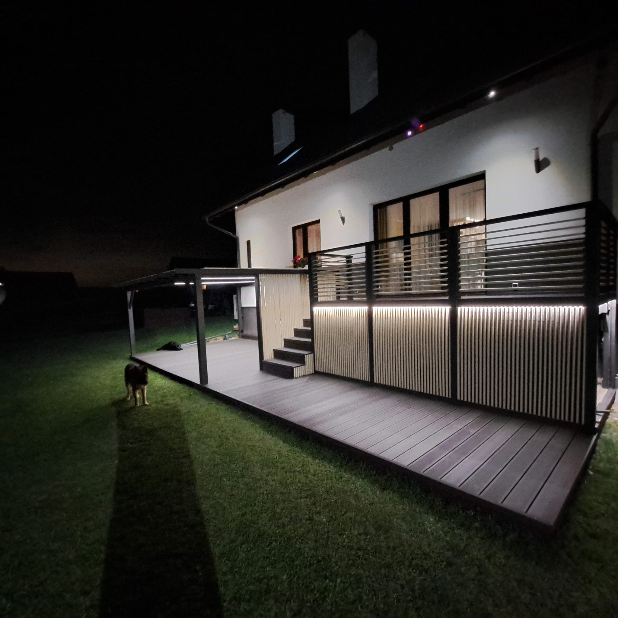 Nowoczesny taras kompozytowy z oświetleniem LED i pergolą, widoczny w nocy z psem na trawniku.