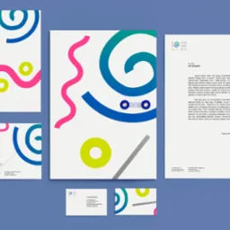 Komplet materiałów firmowych z abstrakcyjnym, kolorowym wzorem: wizytówka, papier firmowy z tekstem lorem ipsum, koperta i teczka.