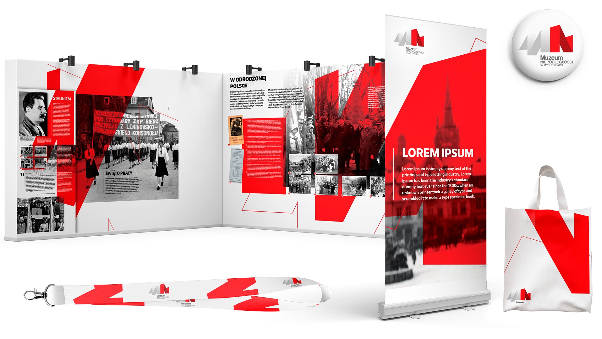 Wizualizacja stoiska wystawienniczego z panelami prezentującymi historyczne zdjęcia i teksty w stylistyce Muzeum Niepodległości w Myślenicach, uzupełniona o roll-up, torbę bawełnianą, smycz...