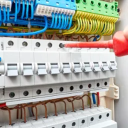 Elektryk dokręca śrubę w rozdzielnicy elektrycznej, widoczne bezpieczniki, kable w różnych kolorach i czerwony śrubokręt.