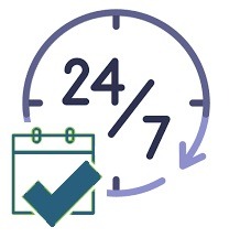 Ikona przedstawiająca dostępność usług 24 godziny na dobę, 7 dni w tygodniu, z symbolem zegara i kalendarza z zielonym ptaszkiem potwierdzenia.