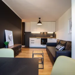 Nowoczesne wnętrze mieszkania z czarną ścianą, drewnianą podłogą, białymi szafkami kuchennymi i czarną skórzaną sofą.