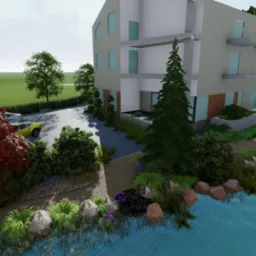 Wizualizacja nowoczesnego budynku z ogrodem, widok z perspektywy rzeki, z elementami krajobrazu i zaparkowanymi samochodami.