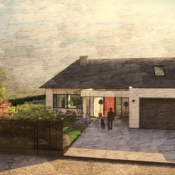 DENDRO-RW Dendrologia specjalistyczna, Rafał Wołoch - Szkic domu jednorodzinnego z ogrodem, widok z zewnątrz. W tle drzewa i krzewy, na podjeździe samochód. Stylizowane ujęcie z elementami rysunku odręcznego.