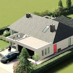 DENDRO-RW Dendrologia specjalistyczna, Rafał Wołoch - Wizualizacja 3D domu jednorodzinnego z ogrodem, widok z lotu ptaka. Projekt z garażem, tarasem i starannie zaplanowaną zielenią. Nowoczesna architektura.