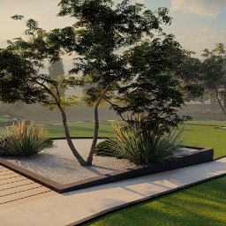 DENDRO-RW Dendrologia specjalistyczna, Rafał Wołoch - Wizualizacja ogrodu z drewnianym tarasem, ścieżką z płyt i rabatą z drzewami oraz ozdobnymi trawami. W tle budynek gospodarczy i zieleń. Ujęcie z niskiego kąta.