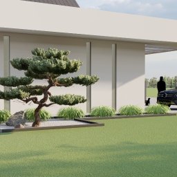 DENDRO-RW Dendrologia specjalistyczna, Rafał Wołoch - Nowoczesny ogród z formowanym drzewem bonsai, ozdobnymi trawami i kamieniem, na tle minimalistycznego domu z szarym samochodem. Projekt ogrodu z dbałością o detale.