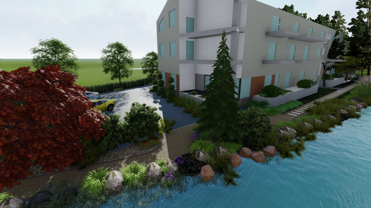 Wizualizacja nowoczesnego budynku z ogrodem, widok z perspektywy rzeki, z elementami krajobrazu i zaparkowanymi samochodami.