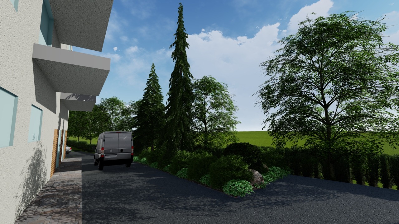Projekt zagospodarowania terenu wokół budynku z nasadzeniami drzew i krzewów, widoczny szary van na podjeździe.