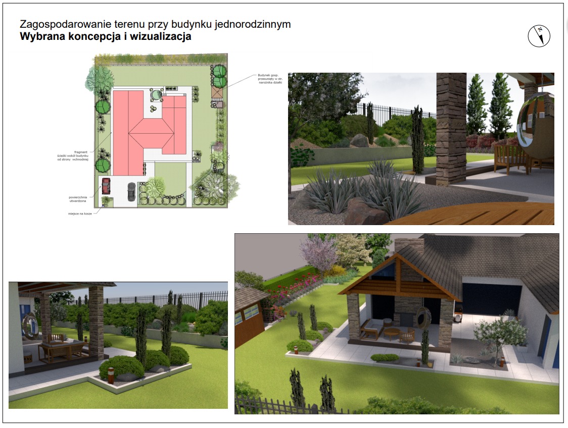 Wizualizacja zagospodarowania terenu przy domu jednorodzinnym: plan z góry oraz trójwymiarowe widoki ogrodu z elementami małej architektury, roślinnością i dwoma samochodami na podjeździe.