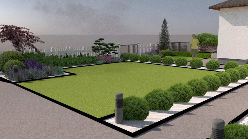 Projekt ogrodu w Połczynie-Zdroju: Wizualizacja z równo przystrzyżonym trawnikiem, obwódką z krzewów i kwiatów, oraz oświetleniem ogrodowym. Widoczny fragment domu i ogrodzenia.