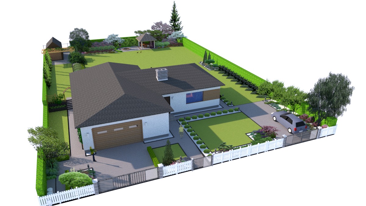 Wizualizacja 3D domu jednorodzinnego z zagospodarowanym ogrodem: trawnik, rabaty kwiatowe, altana ogrodowa, podjazd dla samochodu, żywopłot