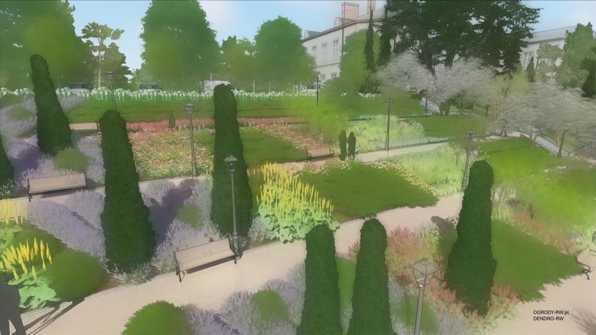 Szkic projektu ogrodu z alejkami, ławkami, strzyżonymi drzewami i rabatami kwiatowymi. W tle budynek. Widok z góry.