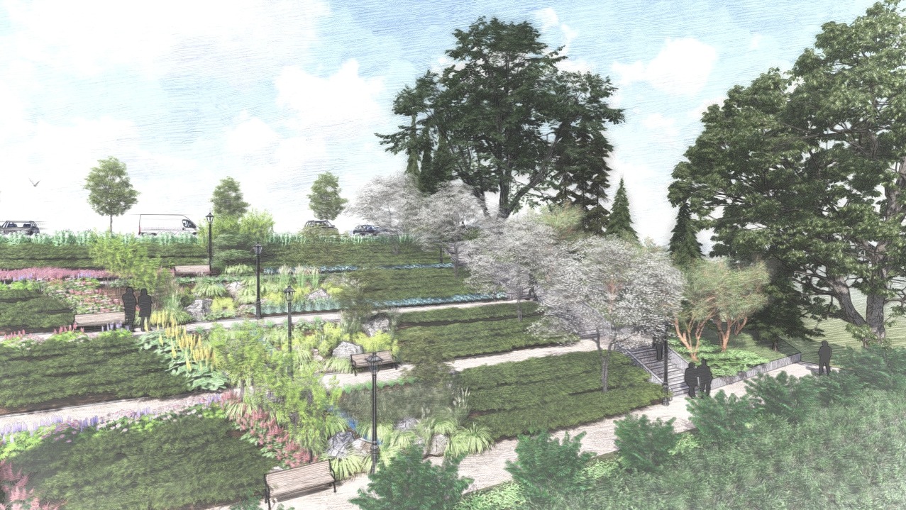 Szkic koncepcyjny ogrodu tarasowego z alejkami, ławkami i oświetleniem, prezentujący plan zagospodarowania terenu z bujną roślinnością i drzewami.