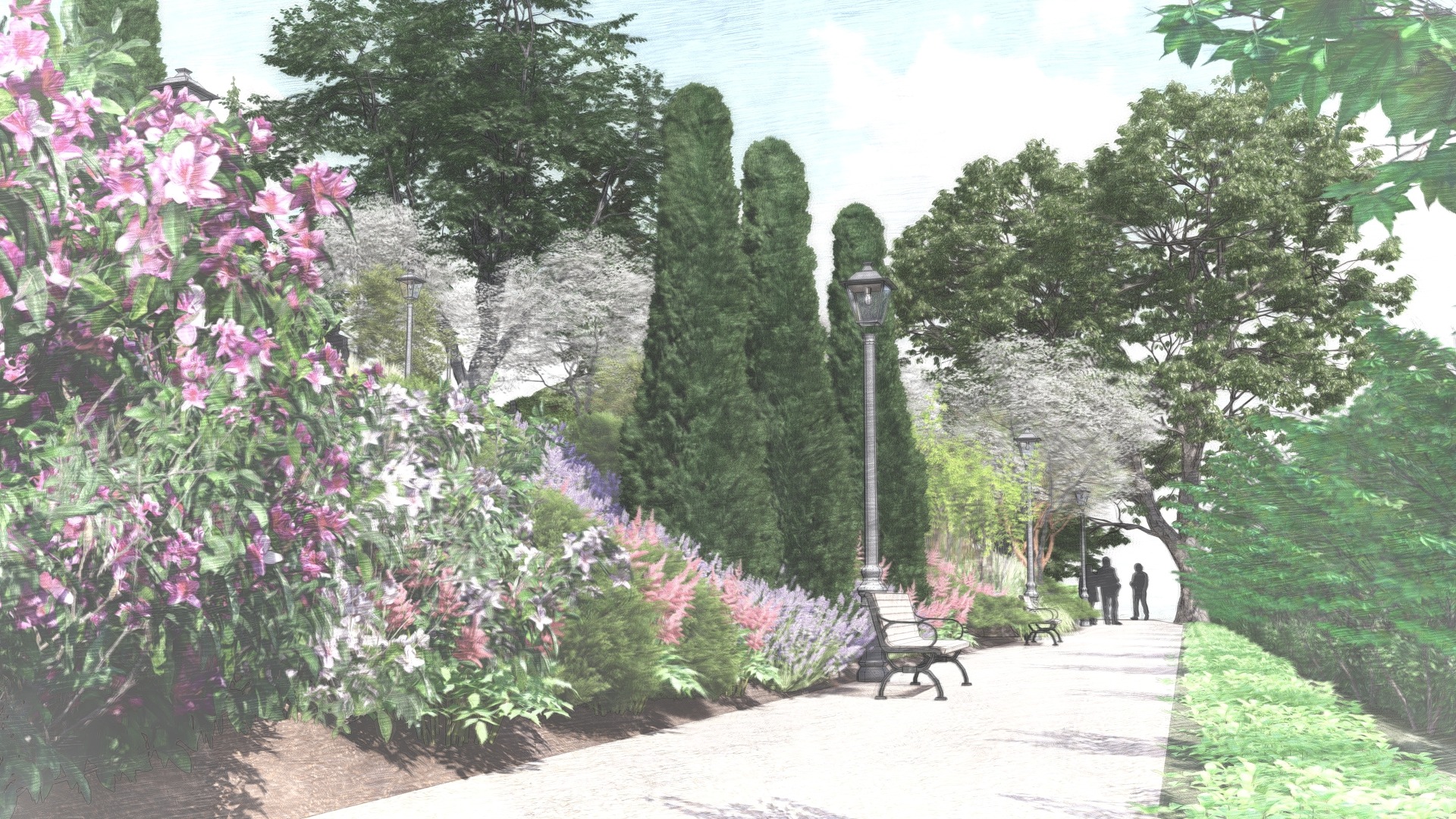 Projekt ogrodu z kwitnącymi krzewami, wysokimi cyprysami i alejką spacerową z ławkami. W tle sylwetki spacerujących osób i latarnie parkowe.