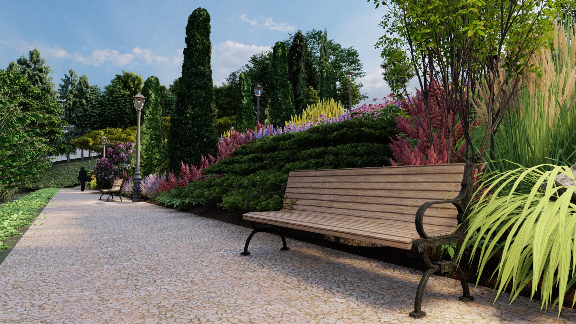 Projekt ogrodu z ławkami, ścieżką i bogatą roślinnością: drzewa iglaste, krzewy, kolorowe kwiaty. Widoczna osoba w oddali. Realistyczna wizualizacja.
