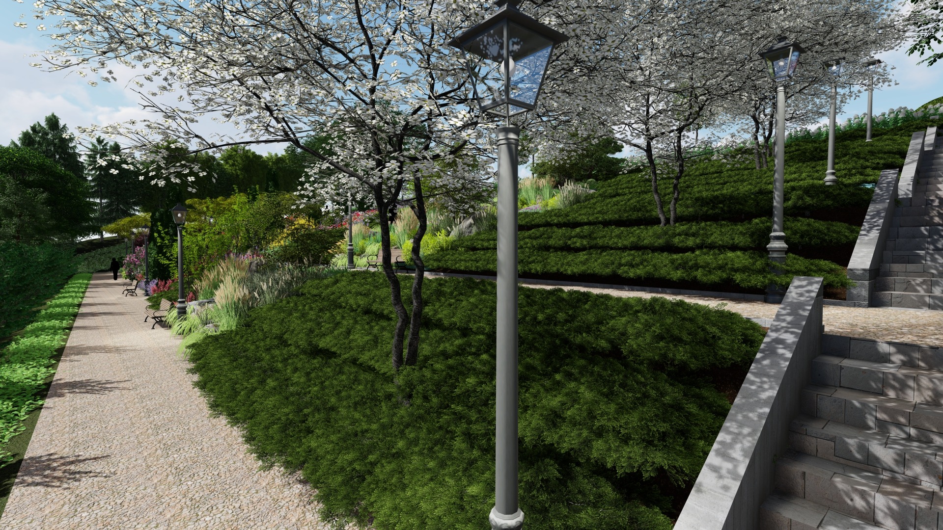 Kaskadowy ogród z kwitnącymi drzewami i ścieżką, oświetlony latarniami. Ujęcie z perspektywy, ukazujące schody i bujną zieleń.