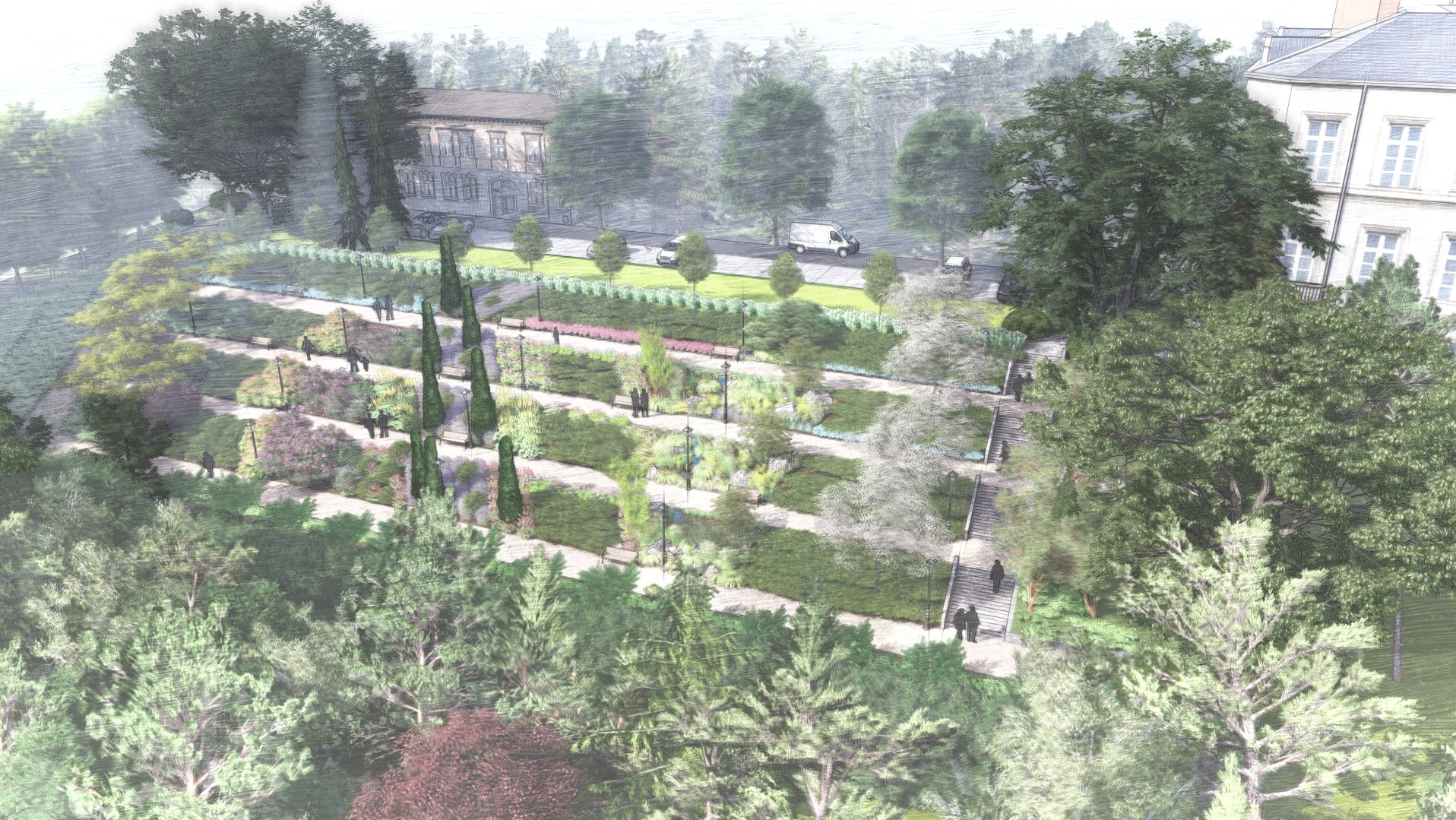 Szkic koncepcyjny wielopoziomowego ogrodu z alejkami, ławkami i oświetleniem, widok z góry, z budynkiem w tle i drzewami na pierwszym planie.