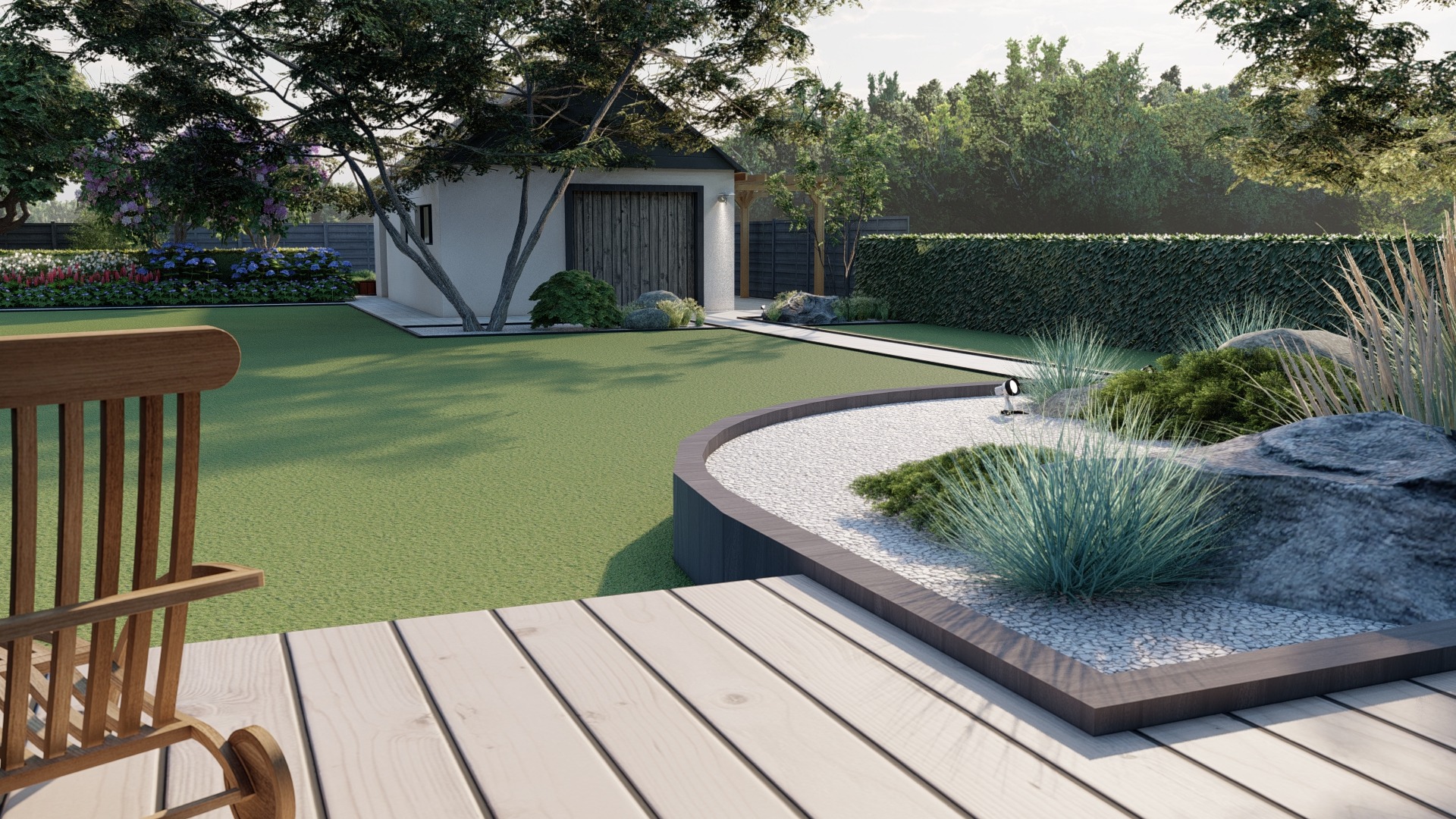 Nowoczesny ogród z białym żwirem, kamieniami i ozdobnymi trawami. W tle budynek gospodarczy i zadbany trawnik. Drewniany taras i fotel bujany na pierwszym planie.