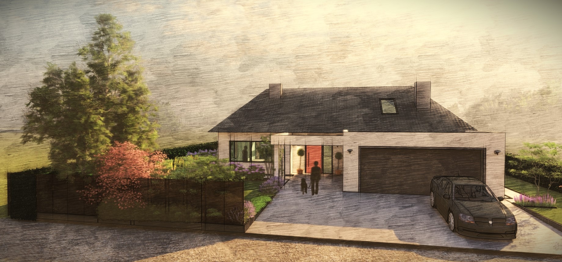 Szkic domu jednorodzinnego z ogrodem, widok z zewnątrz. W tle drzewa i krzewy, na podjeździe samochód. Stylizowane ujęcie z elementami rysunku odręcznego.