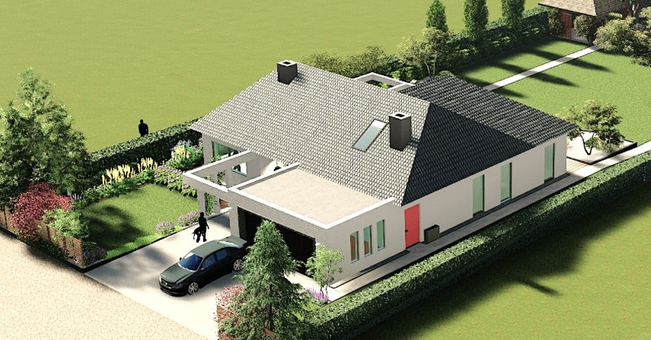 Wizualizacja 3D domu jednorodzinnego z ogrodem, widok z lotu ptaka. Projekt z garażem, tarasem i starannie zaplanowaną zielenią. Nowoczesna architektura.