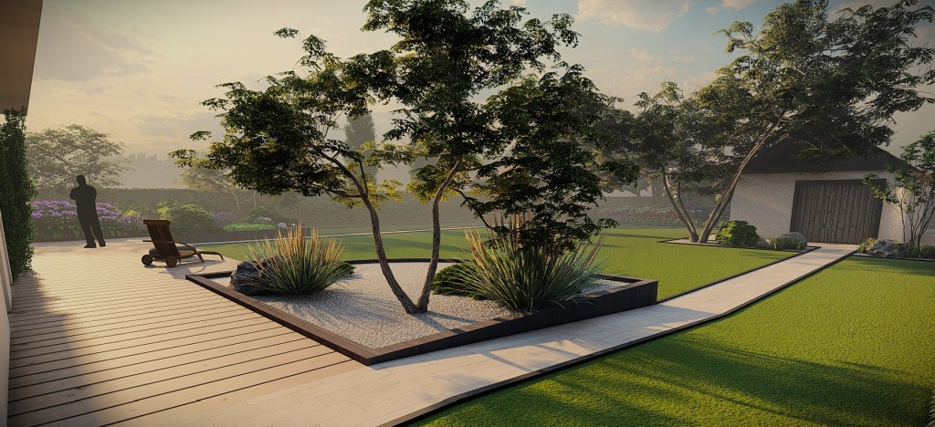 Wizualizacja ogrodu z drewnianym tarasem, ścieżką z płyt i rabatą z drzewami oraz ozdobnymi trawami. W tle budynek gospodarczy i zieleń. Ujęcie z niskiego kąta.