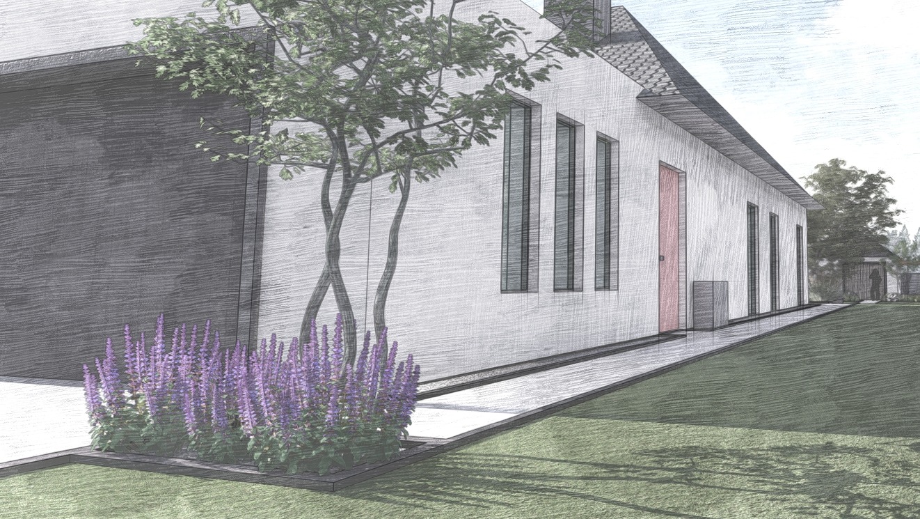 Szkic domu z ogrodem: lawenda, trawnik, drzewo. Ujęcie z niskiej perspektywy, podkreślające nowoczesną architekturę i zagospodarowanie terenu.