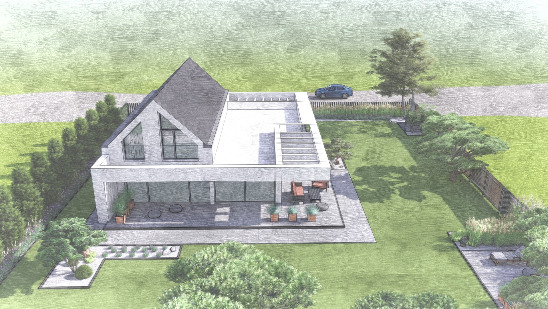 Szkic architektoniczny nowoczesnego domu z ogrodem, widok z góry. Minimalistyczna bryła, taras z meblami, starannie zaprojektowana zieleń, drzewa i krzewy.